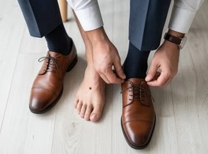 Người đàn ông mang giày da chuẩn bị đi công tác xa có nốt ruồi ở mu bàn chân phải