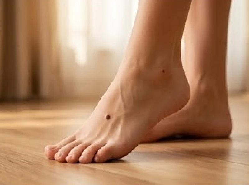 Bàn chân người phụ nữ đang tất bật làm việc nhà với nốt ruồi nhỏ hiện rõ trên da