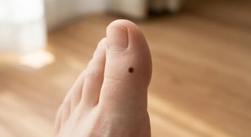 Bàn chân trần với một nốt ruồi đen rõ nét nằm ngay trên bề mặt ngón chân cái