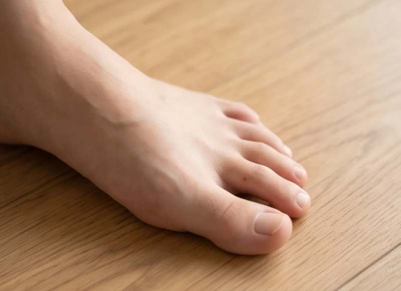 Khoảng trống hẹp giữa ngón chân áp út và ngón chân út trên rìa ngoài của một bàn chân trần khỏe mạnh