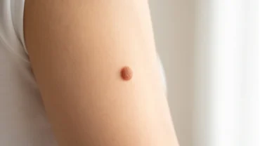 Nốt ruồi ở bắp tay với màu sắc đồng đều và viền rõ nét trên làn da khỏe mạnh
