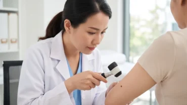 Bác sĩ da liễu đang sử dụng thiết bị soi chiếu chuyên dụng để kiểm tra mức độ an toàn của nốt ruồi ở bẹn