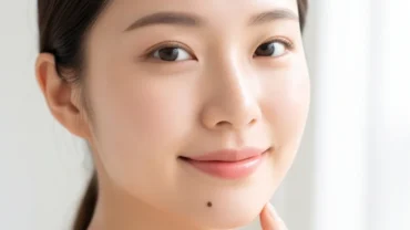 Phụ nữ có làn da sáng mịn với một nốt ruồi nhỏ duyên dáng ở cằm