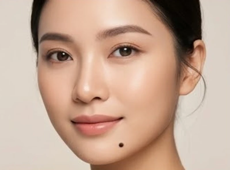 Khuôn mặt phúc hậu của người phụ nữ với nốt ruồi ở cằm trái thể hiện cuộc sống an nhàn