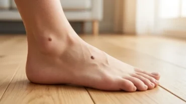 Bàn chân người trưởng thành khỏe mạnh có nốt ruồi ở chân sắc nét trên nền sàn gỗ tự nhiên ấm áp