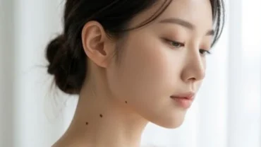 Cận cảnh một nốt ruồi nhỏ tự nhiên trên vùng da cổ sáng mịn của phụ nữ