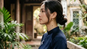 Hình ảnh góc nghiêng thanh lịch của một cô gái Việt Nam để lộ nốt ruồi ở cổ bên phải nữ thu hút ánh nhìn