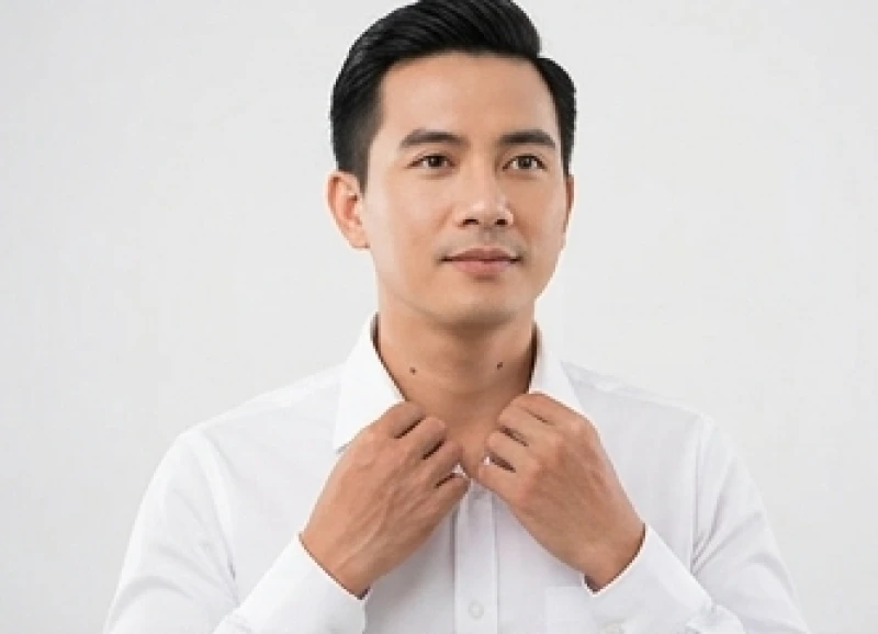 Nam giới có nốt ruồi ở cổ bên trái trong trang phục sơ mi công sở, thể hiện sự nhạy bén trong tư duy thương mại