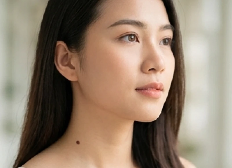 Cô gái có nốt ruồi bên trái cổ đang suy tư, thể hiện nét tính cách nhạy cảm và thiên hướng sống thiên về cảm xúc