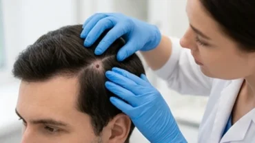 Bác sĩ da liễu kiểm tra nốt ruồi ở da đầu nam giới để tầm soát dấu hiệu bất thường
