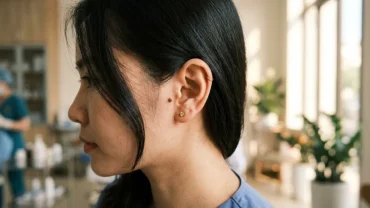 Ảnh cận cảnh nốt ruồi ở dái tai của người Việt Nam giúp nhận diện tướng số và chủ động theo dõi sức khỏe da liễu