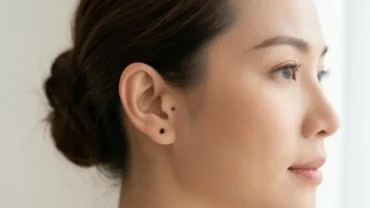 Cận cảnh một bên tai của người phụ nữ với nốt ruồi ở dái tai nữ đặc trưng mang ý nghĩa may mắn tài lộc