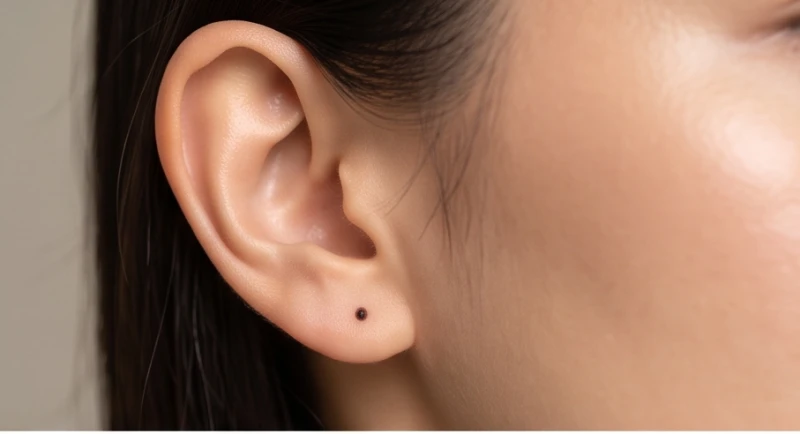 Cận cảnh nốt ruồi ở dái tai to và dày đặn của người Châu Á mang ý nghĩa phong thủy tốt
