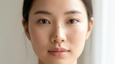 Cận cảnh khuôn mặt thanh tú với nốt ruồi ở đầu mũi nổi bật tự nhiên dưới ánh sáng