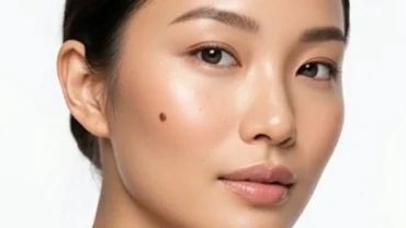 Cận cảnh khuôn mặt thanh tú của người phụ nữ với nốt ruồi ở gò má, thể hiện nét quyến rũ và cá tính riêng