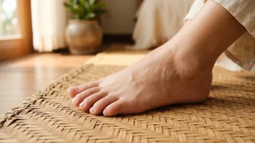 Cận cảnh nốt ruồi ở kẽ ngón chân trên nền chiếu cói truyền thống Việt Nam