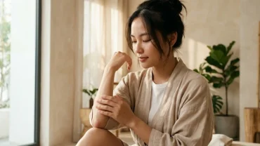 Cận cảnh nốt ruồi ở khuỷu tay của một người phụ nữ trong không gian ánh sáng tự nhiên tĩnh lặng