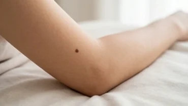 Cận cảnh nốt ruồi ở khuỷu tay trên làn da mịn màng và khỏe mạnh của một người phụ nữ