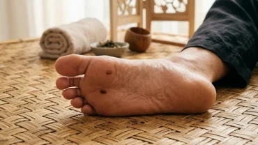 Hình ảnh minh họa vị trí và màu sắc của nốt ruồi ở lòng bàn chân phải nam theo góc nhìn y khoa