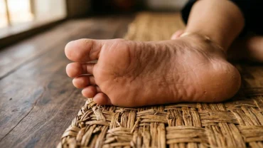 Cận cảnh bàn chân để theo dõi sự thay đổi của nốt ruồi ở lòng bàn chân phải nữ