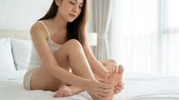 Phụ nữ kiểm tra nốt ruồi ở lòng bàn chân phải nữ dưới ánh sáng tự nhiên