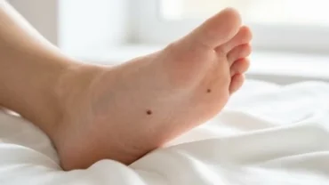 Bàn chân trái nữ giới khỏe mạnh với nốt ruồi đặc trưng ở lòng bàn chân, đặt nhẹ nhàng trên tấm lụa trắng tinh khôi