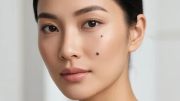 Cận cảnh gương mặt phụ nữ châu Á với nốt ruồi ở má tự nhiên, làn da khỏe mạnh và rạng rỡ
