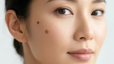 Nốt ruồi ở má gần tai trên khuôn mặt thanh tú của người phụ nữ với làn da sáng mịn