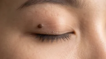 Cận cảnh nốt ruồi ở mắt của một người phụ nữ với làn da tự nhiên dưới ánh sáng rõ ràng