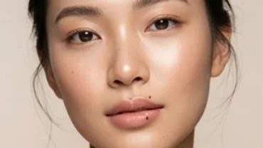 Cận cảnh gương mặt mộc của một người phụ nữ với nốt ruồi ở mép miệng duyên dáng