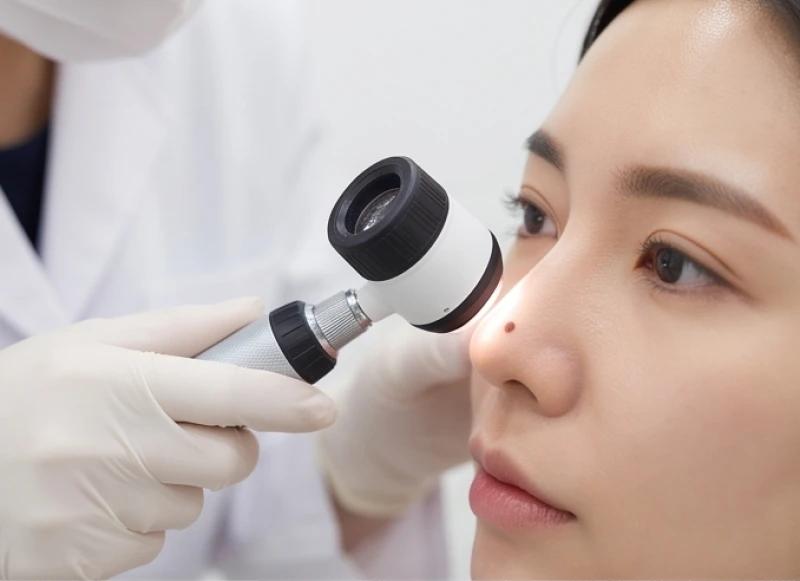 Nốt ruồi ở mũi: Giải mã ý nghĩa tướng số và bộ tiêu chí y khoa 1 Bác sĩ da liễu kiểm tra cấu trúc nốt ruồi ở mũi bằng thiết bị chuyên dụng để đánh giá tình trạng lành tính