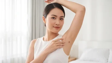 Phụ nữ Việt Nam tự tin giơ cánh tay để lộ nốt ruồi ở nách phải khỏe mạnh
