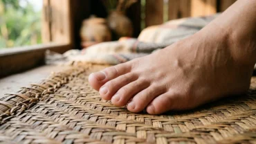 Cận cảnh bàn chân với nốt ruồi ở ngón chân đặt trên chiếc chiếu cói truyền thống mộc mạc