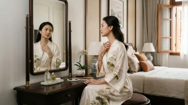 Hình ảnh người phụ nữ Việt Nam thanh lịch đang quan sát nốt ruồi ở ngực trước gương trang điểm