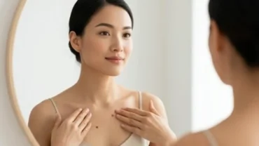 Nữ giới đang soi gương kiểm tra nốt ruồi ở ngực để nắm bắt ý nghĩa phong thủy và theo dõi sức khỏe da liễu