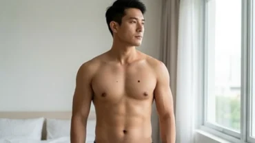 Đàn ông cởi trần để lộ nốt ruồi ở ngực trái nam trong buổi thăm khám da liễu tổng quát