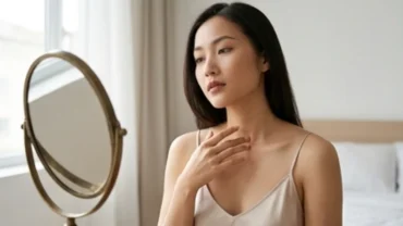 Người phụ nữ soi gương kiểm tra nốt ruồi ở ngực trái nữ để nhận biết ý nghĩa phong thủy và sức khỏe da liễu