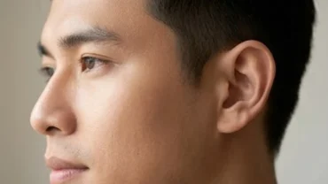 Cận cảnh nốt ruồi ở tai nam giới trên gương mặt thanh tú dưới ánh sáng tự nhiên