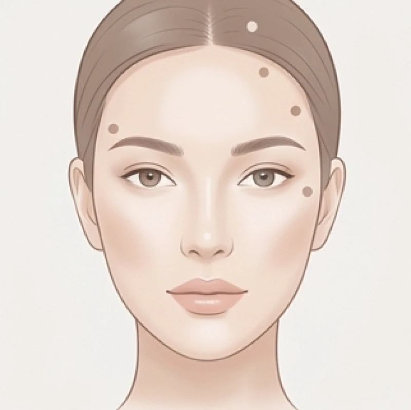 Sơ đồ mô phỏng các vị trí nốt ruồi ở thái dương trái, phải và chân tóc trên khuôn mặt phụ nữ