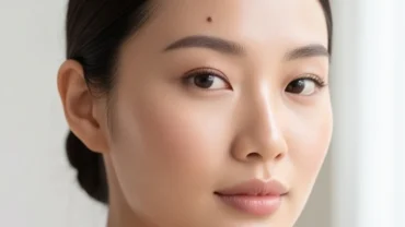 Gương mặt thanh tú của người phụ nữ với nốt ruồi ở trán nổi bật dưới ánh sáng tự nhiên