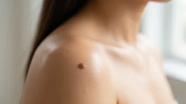 Cận cảnh nốt ruồi ở vai phải của một người phụ nữ với làn da khỏe mạnh tự nhiên