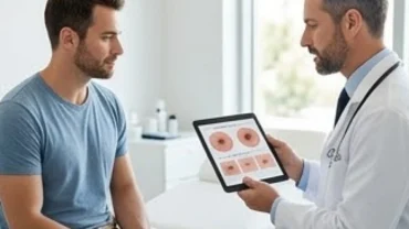 Nam giới nhận tư vấn y khoa về các dấu hiệu nốt ruồi ở vùng kín nam để tầm soát sức khỏe da liễu