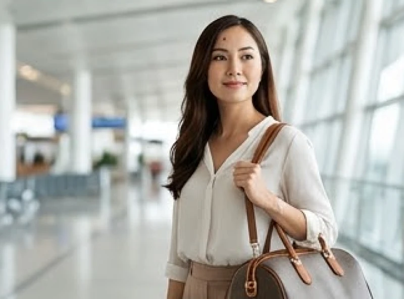 Người phụ nữ có nốt ruồi bên phải trán gần chân tóc đang xách vali tại sân bay