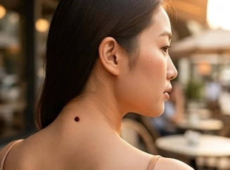 Góc chụp từ phía sau hiển thị rõ nốt ruồi sau gáy của một phụ nữ trẻ