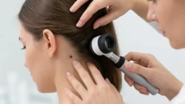 Nốt ruồi sau đầu được bác sĩ da liễu thăm khám kỹ lưỡng bằng thiết bị chuyên dụng