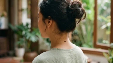 Cận cảnh nốt ruồi sau gáy của một phụ nữ Việt Nam đang vén tóc cao trong ánh sáng tự nhiên
