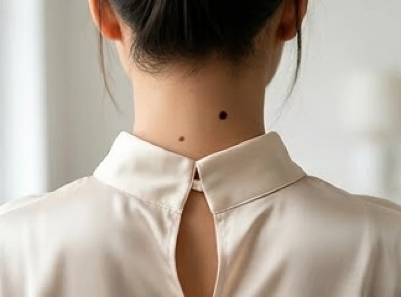 Nốt ruồi sắc nét nằm lệch về phía bên phải sau gáy của người phụ nữ mặc áo lụa