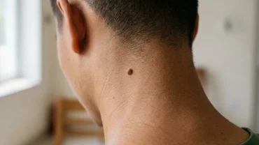 Hình ảnh cận cảnh nốt ruồi sau gáy bên trái nam giúp nhận biết dấu hiệu tướng số và y khoa