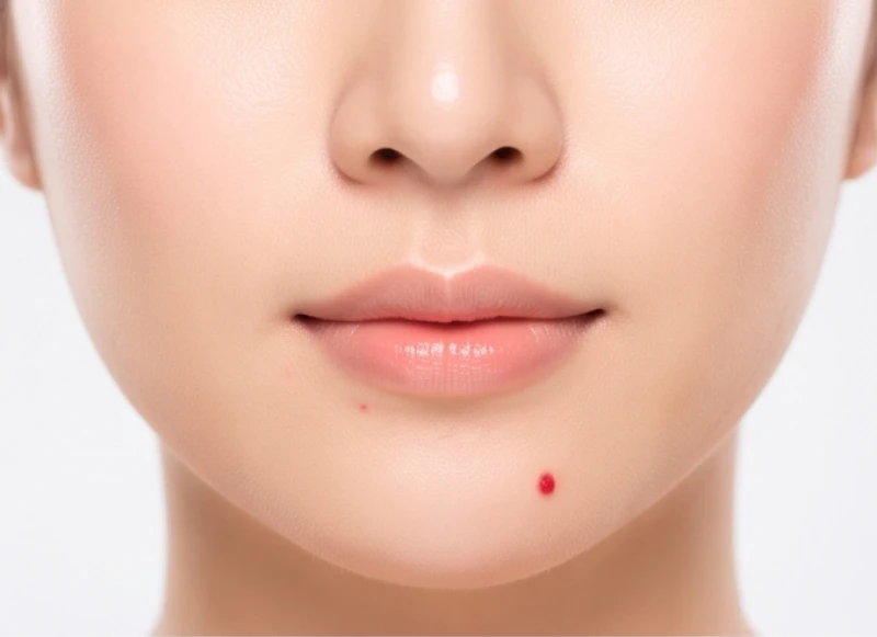 Hình cận cảnh nốt ruồi son màu đỏ chu sa trên cằm phải của phái đẹp