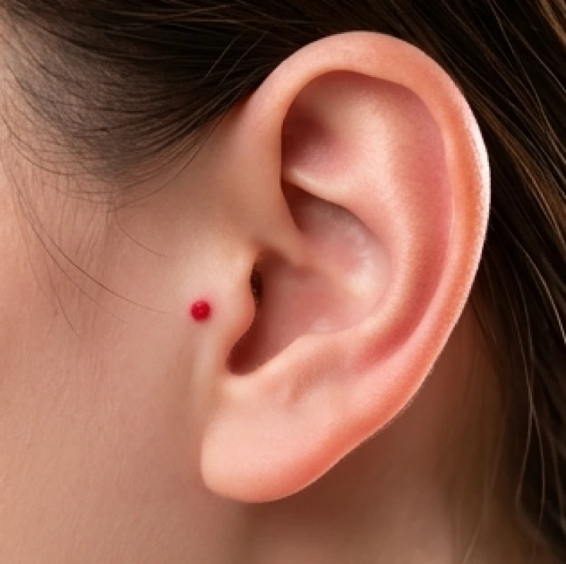 Nốt ruồi ở tai nữ: Giải mã ý nghĩa phong thủy và góc nhìn y khoa 5 Một chấm u máu lành tính tạo thành nốt ruồi son màu hồng đậm rực rỡ nổi bật trên vành tai